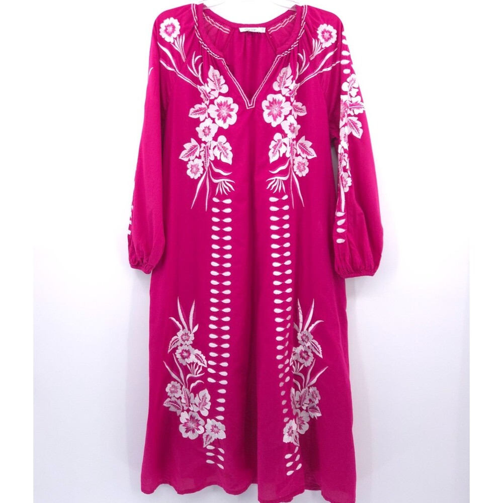 Chico's floral embroidered puff sleeve caftan midi dress Size 6 pink berry